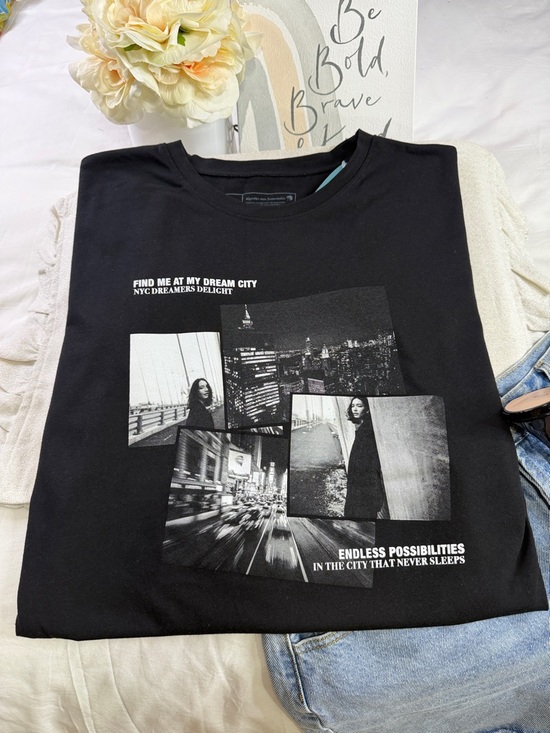 Tops - NYC Dreams Delights Graphic Y2K Luxury Black Tee